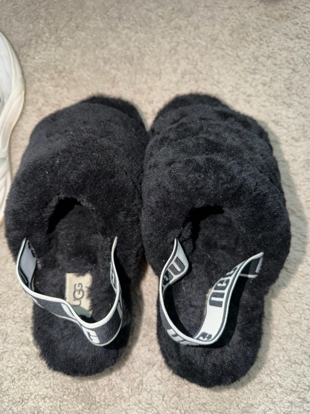 UGG Black Plush Slide Sandals with Branded Sling